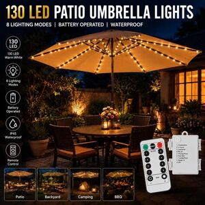 130 LED Patio Umbrella Fairy‎ Lights Warm White 8 Modes Remote IP45 Battery Op